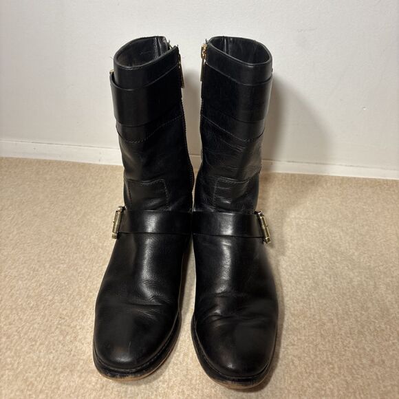 Michael Kors Boots Womens Gansevoort Moto Booties Black Leather Mid Buckle 8.5 - Picture 1 of 13